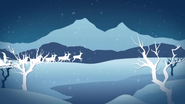 Animazione Babbo Natale Slitta Con Renne Sulla Neve Caduta Paesaggio — Video Stock