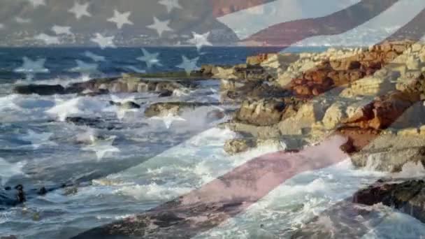 Digital Composition Waving Flag Sea Waves Hitting Rocks National Tourism — Stock Video