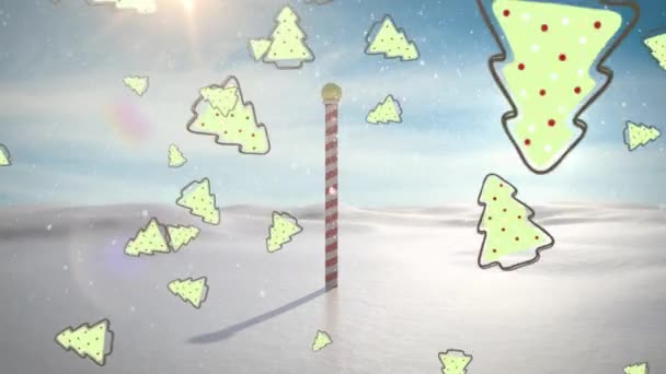 Анимация Снега Рождественских Деревьев Падающих Над Зимними Пейзажами Рождество Традиции — стоковое видео