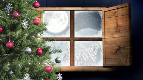 Animazione Del Paesaggio Invernale Case Slitta Babbo Natale Vista Attraverso — Video Stock