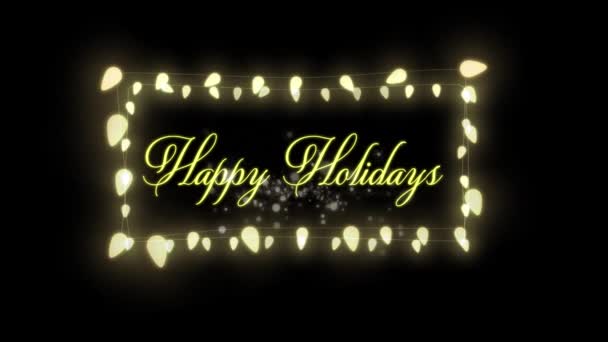 幸せな休日のテキストと黒の背景に対する光のスポット以上の装飾的な妖精の光 クリスマスお祝いの伝統的なコンセプト — ストック動画
