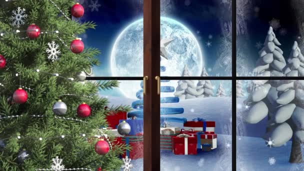 Animáció Téli Karácsonyi Jelenet Karácsonyfa Ajándékok Látható Ablakon Keresztül Karácsony — Stock videók