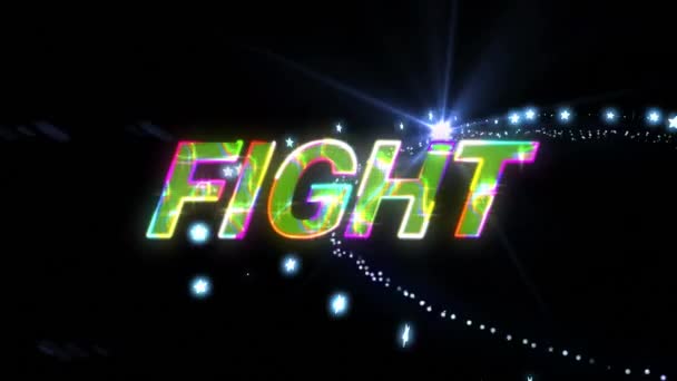 闪烁着光芒的战斗文字在蓝光之路上的动画 电子游戏 娱乐和数字界面概念数字生成的视频 — 图库视频影像