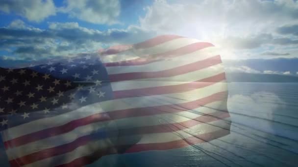 Digital Composition Waving Flag Aerial View Beach Sea National Tourism — Stock Video