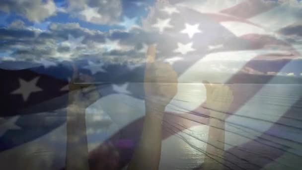 Digital Composition Waving Flag Hands Showing Thumbs Sea Waves National — Stock Video