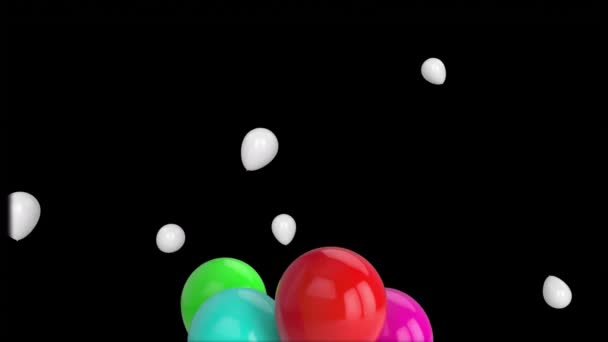 Анімація Повітряних Кульок Літають Кружляють Над Чорним Тлом Щасливий День — стокове відео