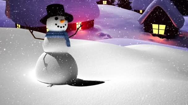 Animación Nieve Cayendo Sobre Muñeco Nieve Sonriente Paisaje Invierno Navidad — Vídeos de Stock