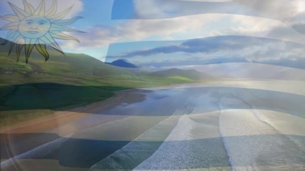 Composição Digital Bandeira Uruguai Acenando Contra Vista Aérea Praia Mar — Vídeo de Stock