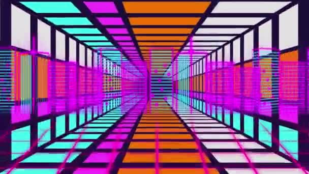 Animación Movimiento Túnel Geométrico Colorido Sobre Paisaje Urbano Conexiones Globales — Vídeo de stock