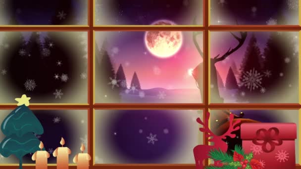 Animatie Van Winter Kerst Scene Met Santa Slee Gezien Door — Stockvideo