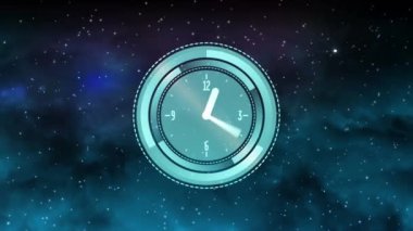 Gece gökyüzündeki yıldızların üzerindeki saatin animasyonu. Yeni yıl partisi, noel ve kutlama konsepti dijital olarak oluşturulmuş video.