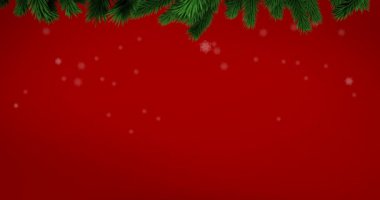 Noel ağacı dalları ve kar taneleri simgeleri kırmızı zemine düşüyor. Noel şenliği ve kutlama konsepti