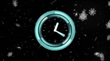 Siyah zemine düşen karın üzerinde hareket eden ellerle saatin animasyonu. İletişim, bağlantı ve dijital arayüz teknolojisi konsepti dijital olarak oluşturulmuş video.