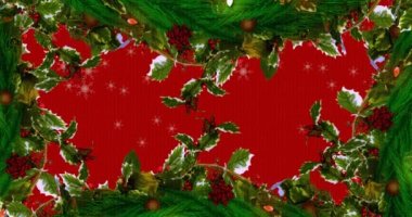 Noel ökseotu ve kırmızı zemine düşen birden fazla kar tanesi ikonu. Noel şenliği ve kutlama konsepti