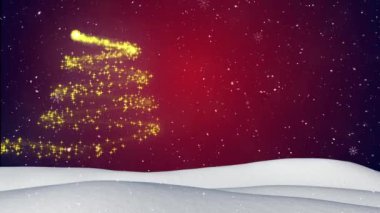 Kışın kayan yıldıza karşı yağan kar kırmızı arka planda bir Noel ağacı oluşturuyor. Noel şenliği ve kutlama konsepti
