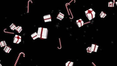 Yılbaşı hediyeleri ve siyah arka planda yağan karların animasyonu. Noel, gelenek ve kutlama konsepti dijital olarak oluşturuldu.