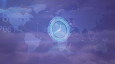 Mor arkaplandaki veri işleme üzerindeki saatin animasyonu. küresel bilim ve dijital arayüz kavramı dijital olarak oluşturulmuş video.