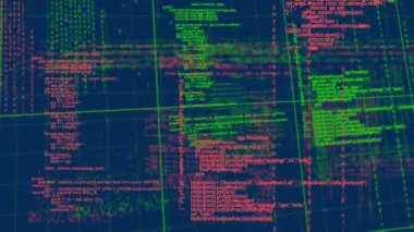 Mavi zemin üzerinde veri işleme animasyonu. küresel bağlantılar, veri işleme ve dijital arayüz konsepti dijital olarak oluşturulmuş video.