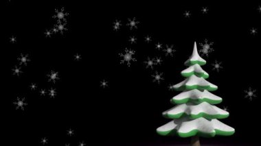 Siyah arka planda köknar ağacının üzerine düşen kar animasyonu. Noel, kış, gelenek ve kutlama konsepti dijital olarak oluşturulmuş video.