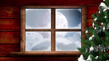 Pencereden görülen kış manzarası ve Noel Baba kızağı animasyonu. Noel, gelenek ve kutlama konsepti dijital olarak oluşturuldu.