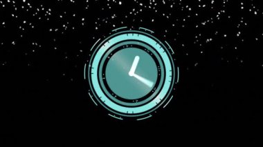 Siyah zemine düşen karın üzerinde hareket eden ellerle saatin animasyonu. İletişim, bağlantı ve dijital arayüz teknolojisi konsepti dijital olarak oluşturulmuş video.