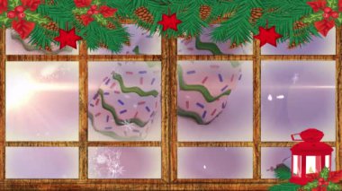 Kış manzarası boyunca mutlu noel mesajlarının animasyonu. Noel, kış, gelenek ve kutlama konsepti dijital olarak oluşturulmuş video.