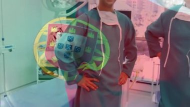 Ameliyathanede cerrahın üzerinde sallanan Portekiz bayrağının animasyonu. küresel tıp, covid 19 pandemik konsept sırasında sağlık hizmetleri dijital olarak üretilen video.