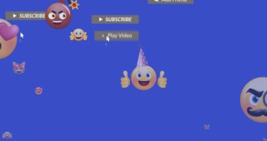 Düşen sosyal medya simgeleri ve emojilerin mavi arka planda canlandırılması. Sosyal medya ve iletişim konsepti dijital olarak oluşturulmuş video.