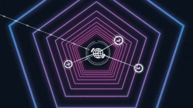 Siyah arkaplanda parlayan mor altıgen tünele karşı dijital simgeler ağı. küresel ağ ve teknoloji kavramı