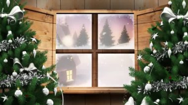 Pencereden görünen evle birlikte kış yılbaşı sahnesinin animasyonu. Noel, kış, gelenek ve kutlama konsepti dijital olarak oluşturulmuş video.