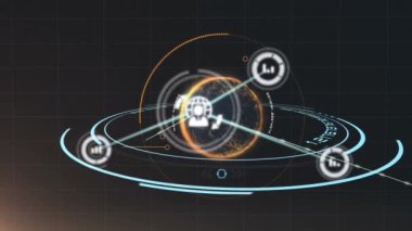 Siyah arkaplanda dönen dünyayı çevreleyen dijital simgeler ağı. küresel ağ ve bilgisayar arayüzü teknolojisi kavramı