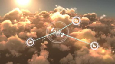 Gökyüzündeki simgelerle bağlantılı ağların animasyonu. küresel bağlantılar, veri işleme ve dijital arayüz konsepti dijital olarak oluşturulmuş video.