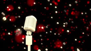 Parlayan ışık noktalarının üzerinde retro mikrofon animasyonu. Vintage noeller, müzik, gelenek ve dijital olarak üretilen kutlama konsepti.