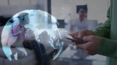 Ofisteki iş adamları üzerinden bağlantı ve dünya ağının animasyonu. küresel bağlantılar, iş dünyası, dijital arayüz, teknoloji ve ağ konsepti dijital