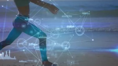 Beyaz kadının yoga yapması üzerine veri işleme ve bağlantı ağlarının animasyonu. global spor, incelik ve sağlıklı yaşam tarzı konsepti dijital olarak oluşturulmuş video.