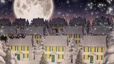 Kış kasabasına yağan kar yüzünden kızakta ren geyikleriyle Noel Baba 'nın animasyonu. Noel, gelenek ve kutlama konsepti dijital olarak oluşturuldu.