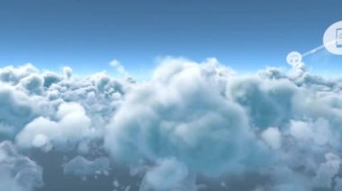 Mavi gökyüzündeki bulutlara karşı dijital simgeler ağı. küresel ağ oluşturma ve bulut depolama teknolojisi kavramı