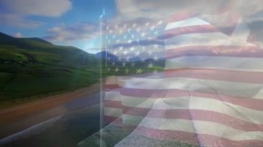 Sahilin ve denizin havadan görüntüsüne karşı bayrak sallamanın dijital bileşimi. Ulusal turizm ve seyahat kavramı