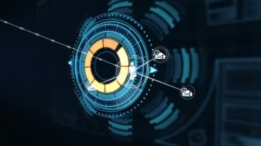 Siyah arkaplanda veri işleme ile dijital arayüze karşı dijital simge ağı. bilgisayar arayüzü ve teknoloji kavramı