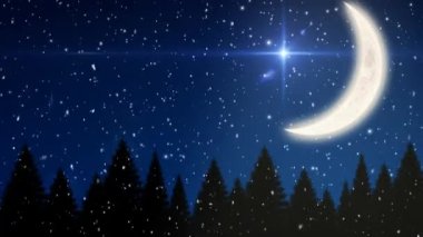 Kış mevsiminde ağaçların üzerine düşen kar gece gökyüzünde aya çarpıyor. Noel şenliği ve kutlama konsepti