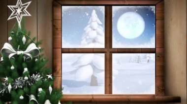 Pencereden görülen kış manzarası ve Noel Baba kızağı animasyonu. Noel, gelenek ve kutlama konsepti dijital olarak oluşturuldu.