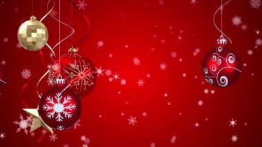 Kırmızı zemine düşen kar üzerine düşen Noel ağacı süslerinin animasyonu. Noel, gelenek ve kutlama konsepti dijital olarak oluşturuldu.