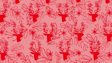 Pembe arka planda ren geyiği ve ökseotu deseni animasyonu. Noel, kış, gelenek ve kutlama konsepti dijital olarak oluşturulmuş video