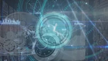 Sunucu odasında veri işleme animasyonu. küresel iş, finans, bağlantılar ve dijital arayüz konsepti dijital olarak oluşturulmuş video.