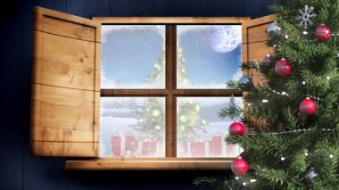 Noel Baba 'nın ren geyiğiyle kızakta olduğu kış manzarasının animasyonu. Noel, kış, gelenek ve kutlama konsepti dijital olarak oluşturulmuş video.