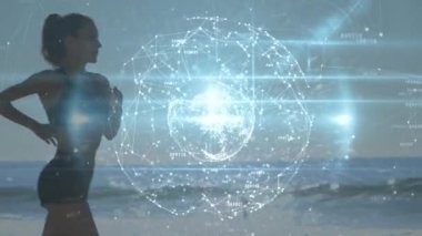 Kumsalda koşan beyaz bir kadın üzerinden dünya ile bağlantı ağlarının animasyonu. global spor, incelik ve sağlıklı yaşam tarzı konsepti dijital olarak oluşturulmuş video.