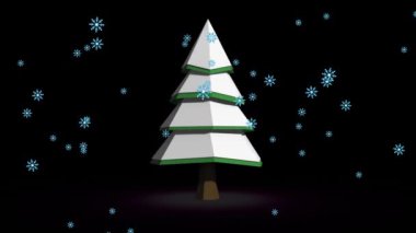 Dönen Noel ağacının üzerine düşen karın animasyonu. Noel, gelenek ve kutlama konsepti dijital olarak oluşturuldu.