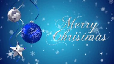 Işıklar ve mavi arka planda kar taneleri üzerine mutlu noel mesajları. Noel, gelenek ve kutlama konsepti dijital olarak oluşturuldu.