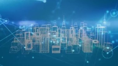 Şehrin mavi arka planında bağlantı ve veri işleme ağının animasyonu. küresel iş, bağlantılar ve dijital arayüz konsepti dijital olarak oluşturulmuş video.