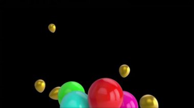 Uçan balonların animasyonu ve siyah arka planda daireler çizmek. Mutlu yıllar ve dijital olarak üretilen video konsepti.